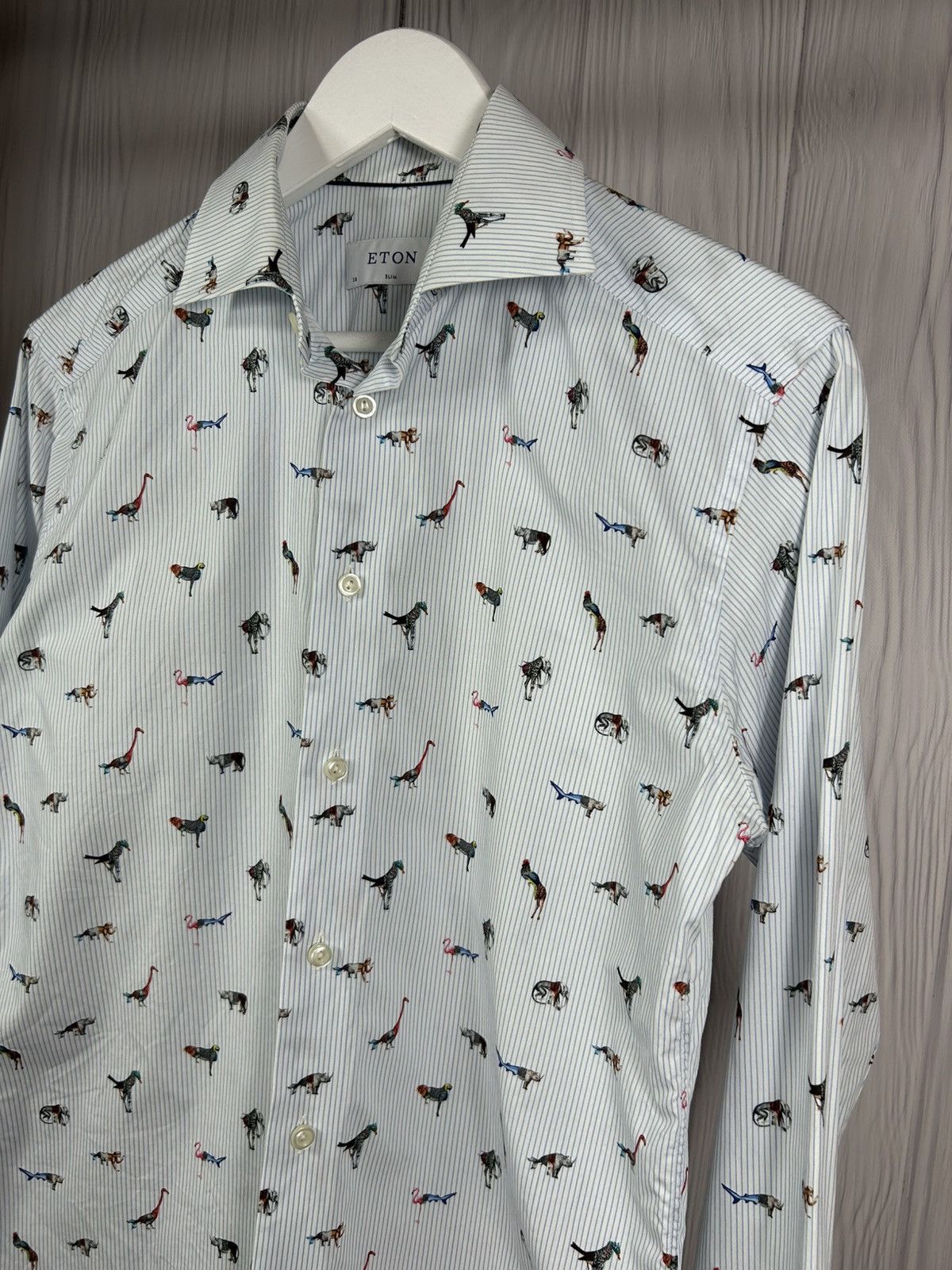 Eton ETON Blue Stripe Animal Print Shirt Size 38/15 Size US S / EU 44-46 / 1 - 3 Thumbnail