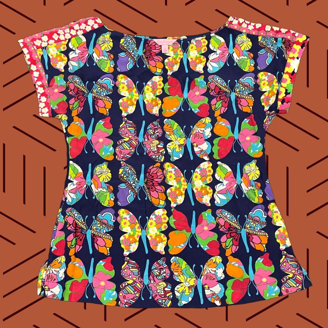 Lilly Pulitzer Lilly Pulitzer Top Womens Small Blue Colorful Butterfly 100% Silk Round Size S / US 4 / IT 40 - 1 Thumbnail