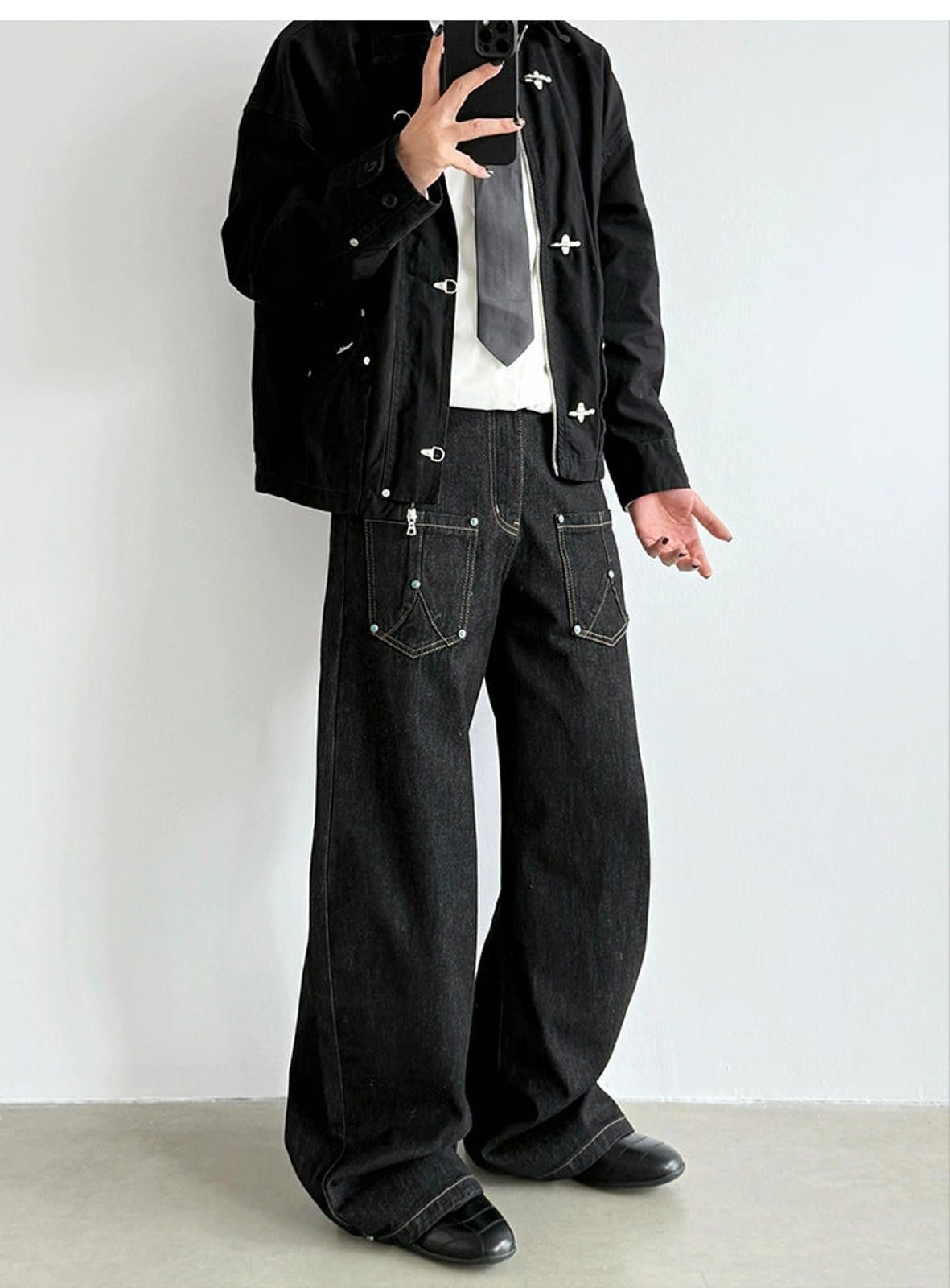 Japanese Brand Black Wide Leg Denim Jeans, Loose Fit Casual Pants Size US 30 / EU 46 - 3 Thumbnail