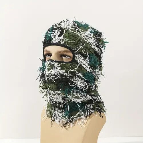 image of Ski x Winter Session Balaclava Distressed Knitted Fuzzy Beanie Hat in Army Green, Men's