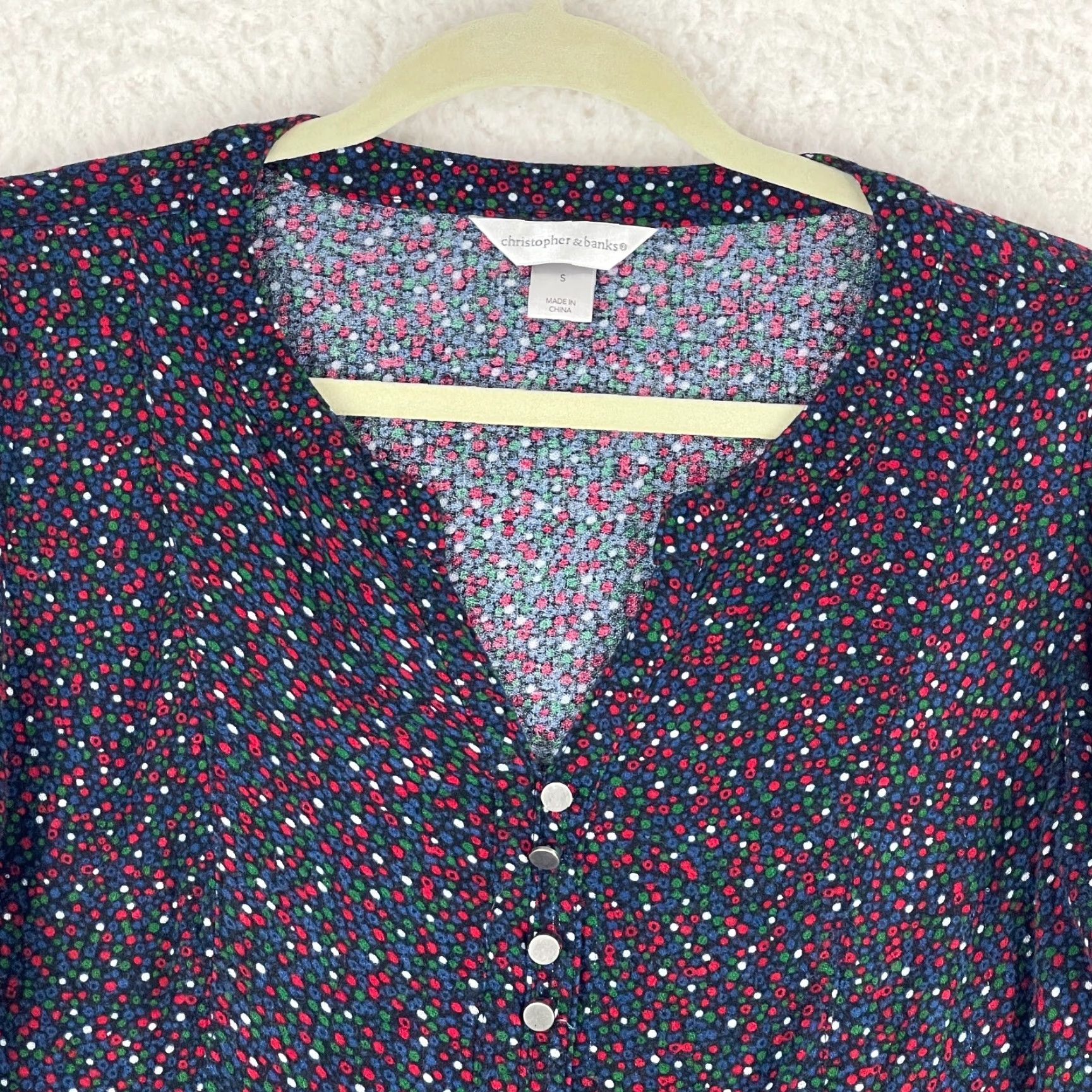Vintage Christopher & Banks Top Womens Small Blue Dot Print Long Sleeve V-Neck Shirt Size S / US 4 / IT 40 - 3 Thumbnail
