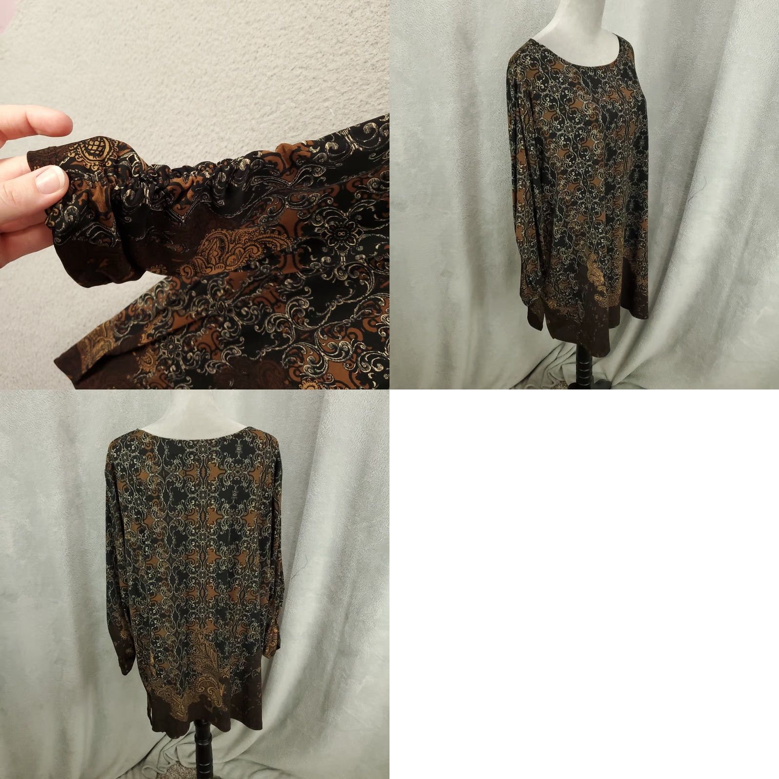 Vintage Susan Graver Blouse 3X Women's Black Brown Geometric Ruched Long Sleeve Boat Neck Top Size XXL / US 16-18 / IT 52-54 - 8 Thumbnail