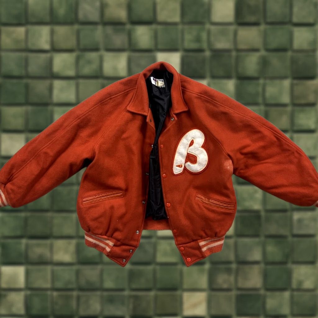 Vintage VTG Howe Athletic Apparel Varsity Jacket Orange L Wool Satin Button Snap Band Collar Men College School Varsity Jacket Size US L / EU 52-54 / 3 - 1 Thumbnail