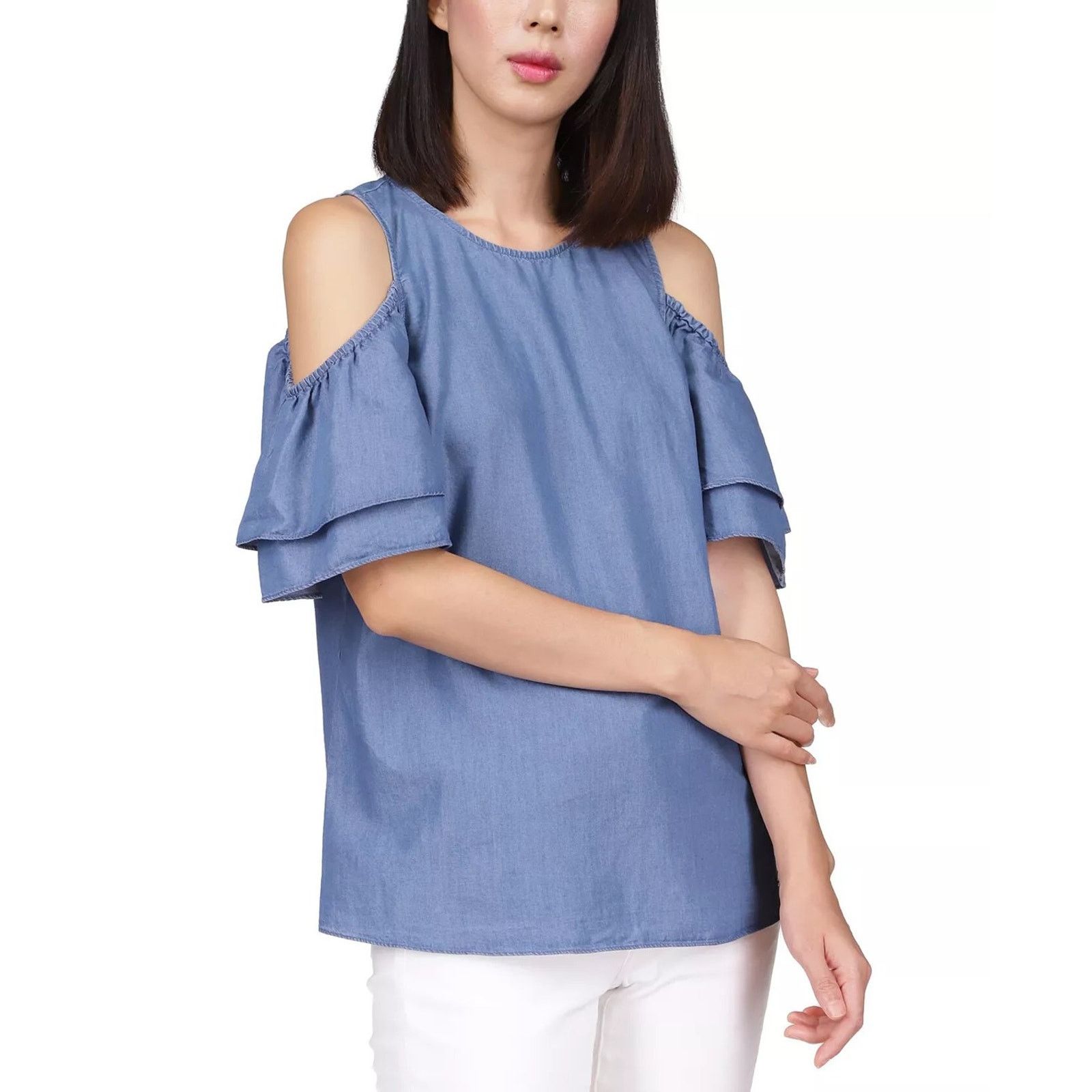 Michael Kors Women Blue Tiered-Sleeve Cold-Shoulder Top S