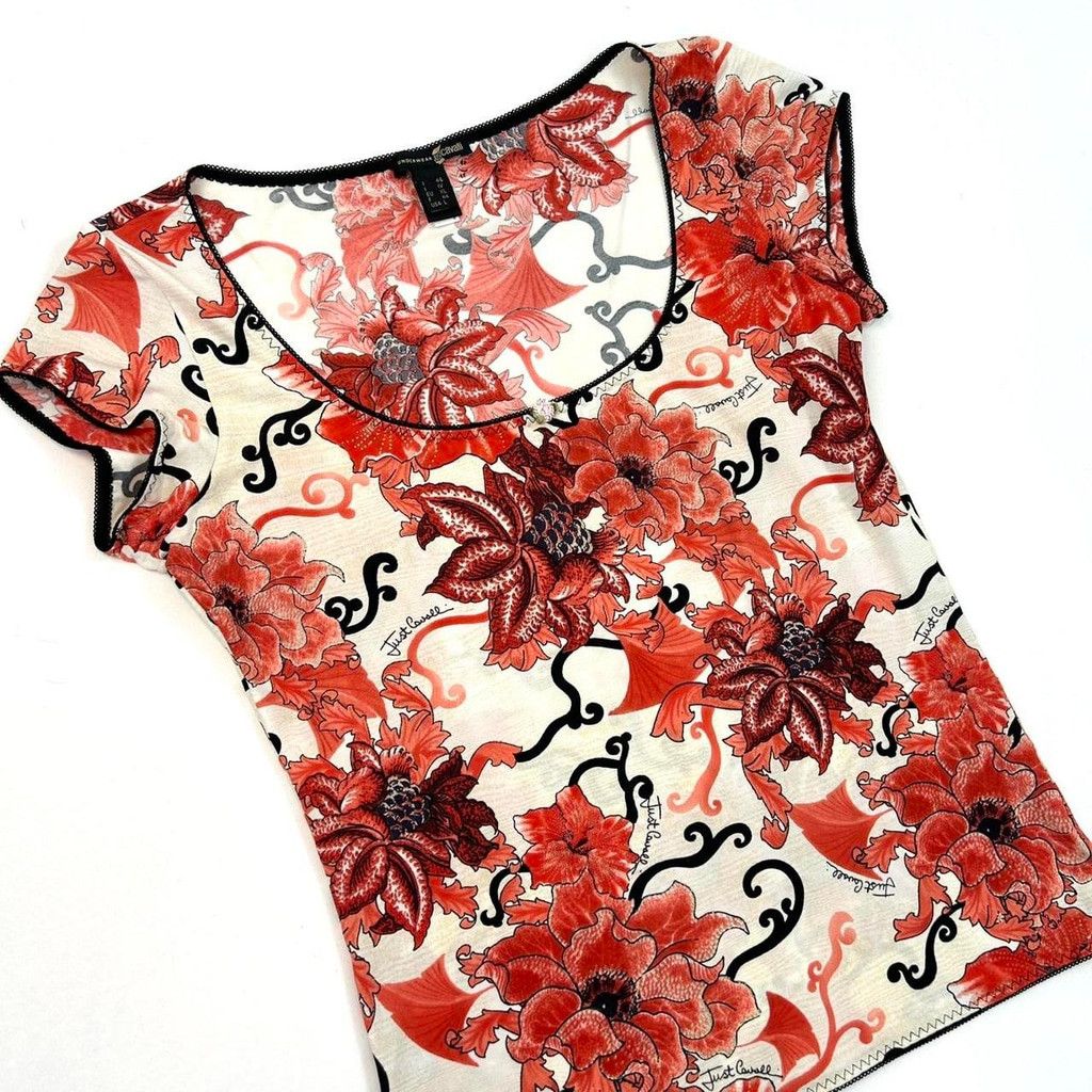 Just Cavalli y2k Cavalli white short sleeve top, red black floral print Size L / US 10 / IT 46 - 6 Thumbnail