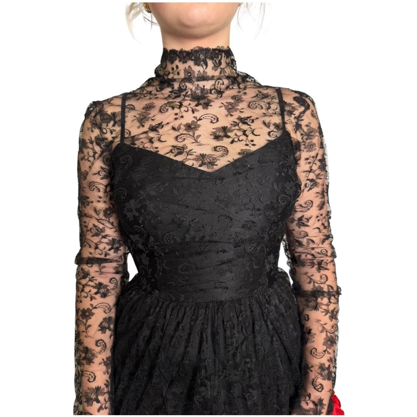 Vintage Vtg An original by DUSAUZAY black Lace Red Roses dress Size XS / US 0-2 / IT 36-38 - 4 Thumbnail