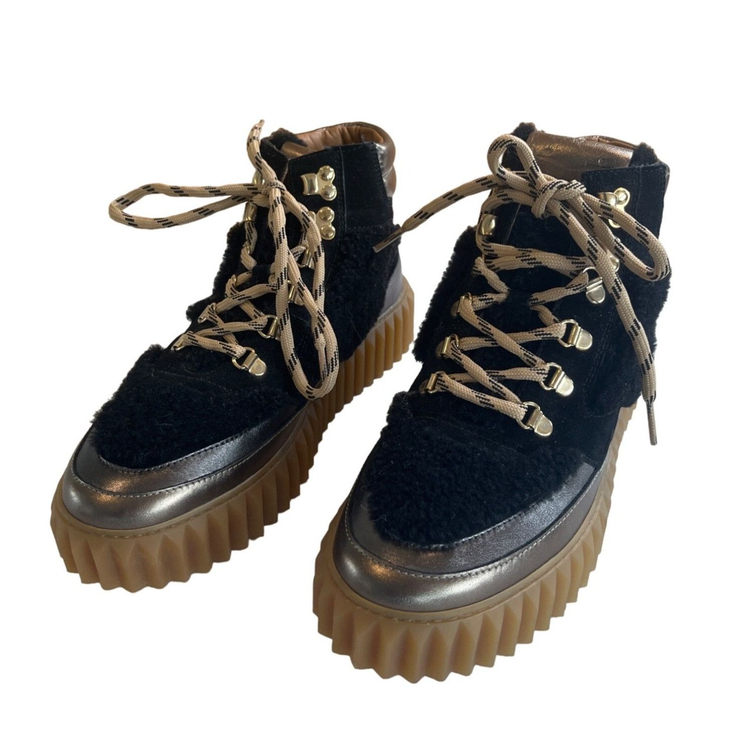 image of New Voile Blanche Eva Shearling Metallic Leather Womens Hiki Shoes in Black (Size 10)