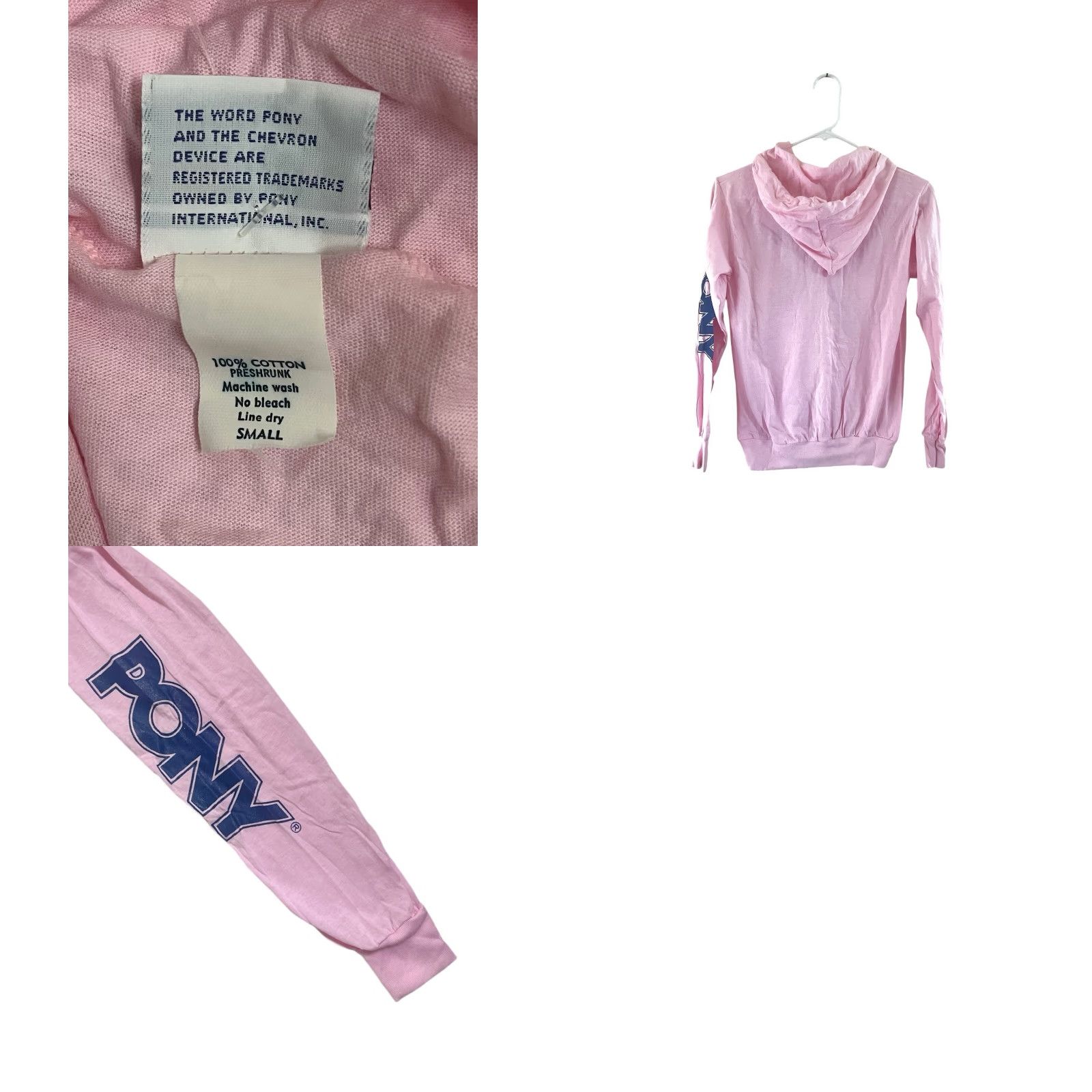 PONY VINTAGE PONY Hoodie Womens Small NWT Deadstock 90s 100% Cotton Pink Navy Logo Pullover Kangaroo Pocket Made in USA Womens Size S / US 4 / IT 40 - 8 Thumbnail