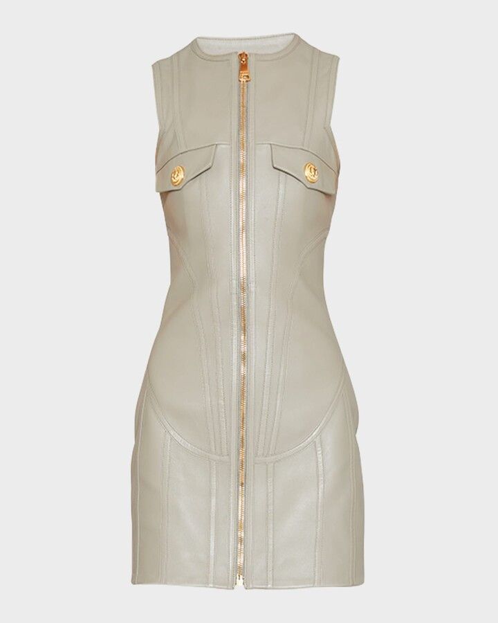 image of Balmain O1Srvl11E0524 Sleeveless Leather Mini Dress In Beige, Women's (Size XS)