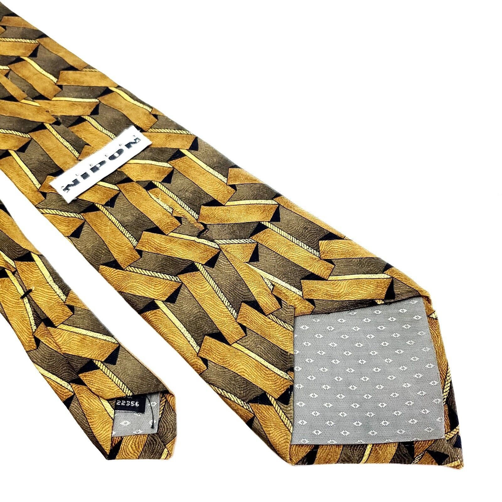 Albert Nipon Albert Nipon Silk Tie Yellow Print Geometric Beige Wide Size ONE SIZE - 5 Thumbnail