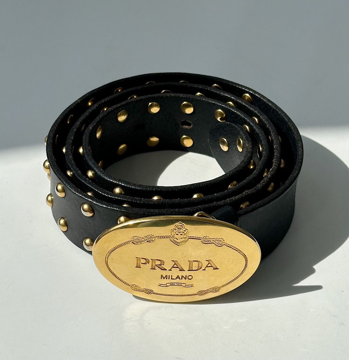 Pre-owned Prada X Vintage Prada Studded Buckle Logo Belt Y2k Grunge Western Cowboypunk In Black