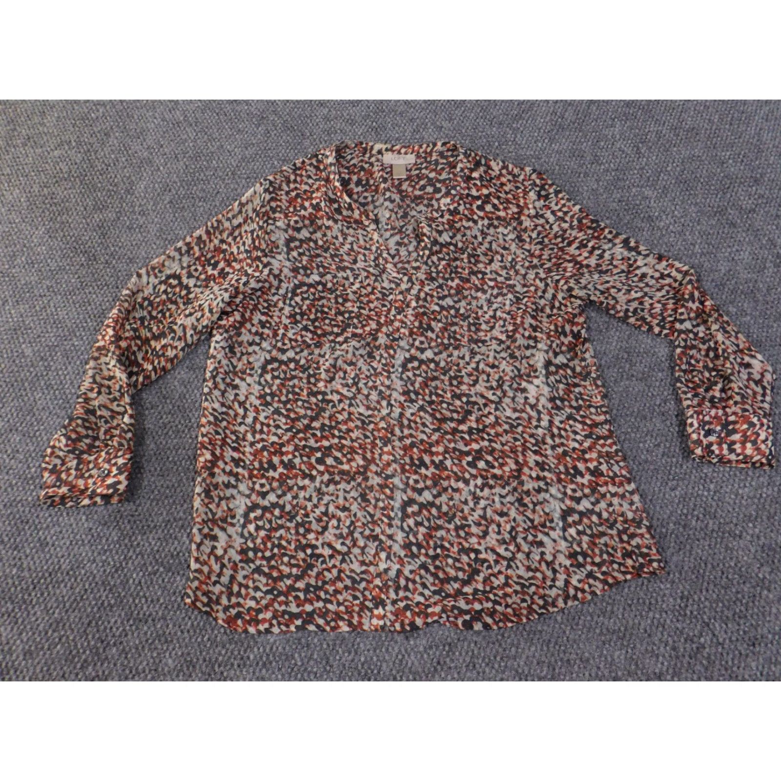 Ann Taylor Ann Taylor Loft Blouse Shirt Womens Petite Large Multicolor V-Neck Lightweight Geometric Pattern Long Sleeve Pullover Casual Button Polyester Rayon Size L / US 10 / IT 46 - 2 Thumbnail