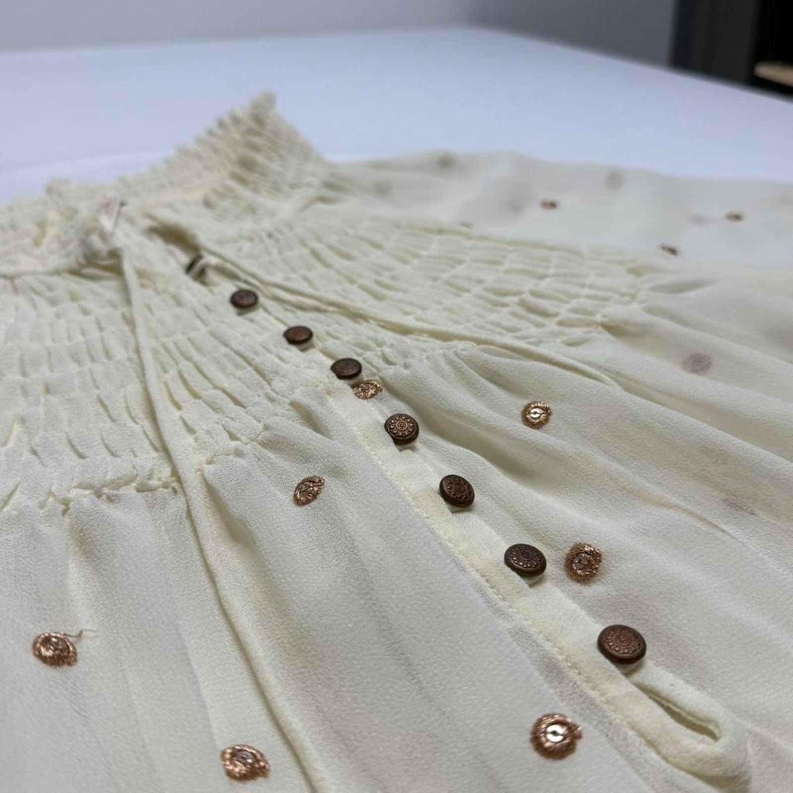 Free People Free People Ready to Run Dot Smocked Blouse Top Cream Sheer Size L / US 10 / IT 46 - 5 Thumbnail