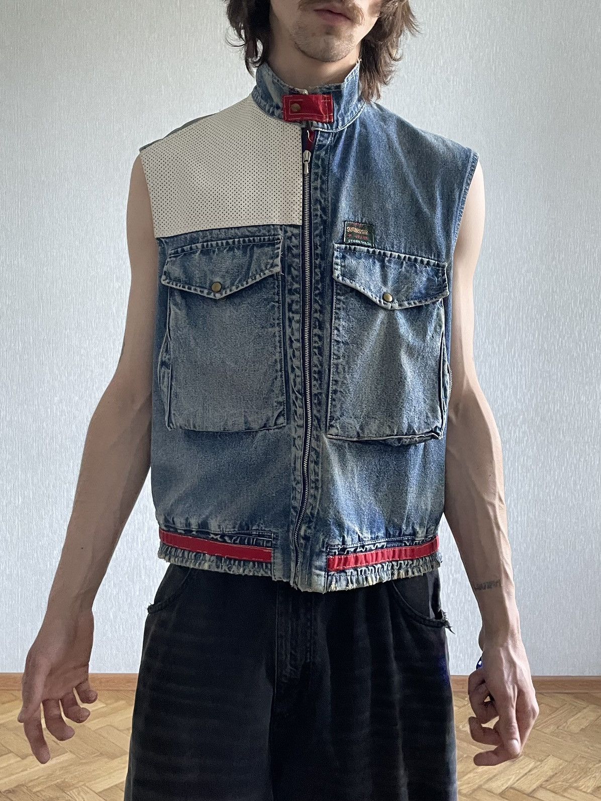 Vintage 1970s Leather Vest On Riri Zipper, Stonewashed Denim- Wescot Size US L / EU 52-54 / 3 - 1 Thumbnail