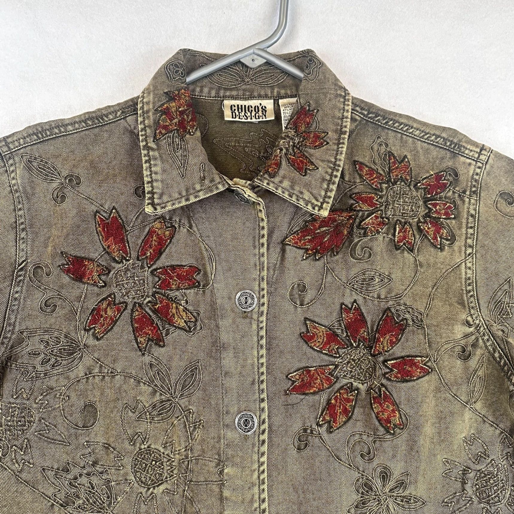 Vintage Chico's Jacket Womens 0 Small Khaki Floral Embroidered Denim Button Collared Pockets Short Size XS / US 0-2 / IT 36-38 - 3 Thumbnail
