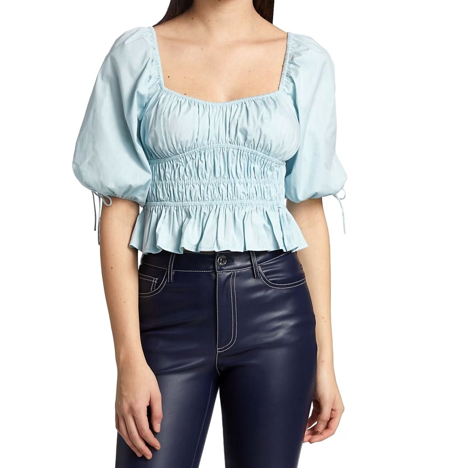 Staud STAUD Faye Smocked Ruffle Blouse Cotton Blend Winter Sky Blue Women's 10 (M) Regular Puff Sleeve Cropped Square Neck Blouse Size L / US 10 / IT 46 - 2 Thumbnail