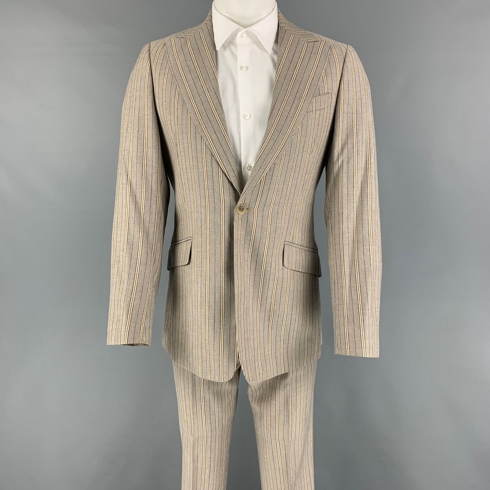 Size 36 Khaki Navy Stripe Polyester Blend Notch Lapel Suit