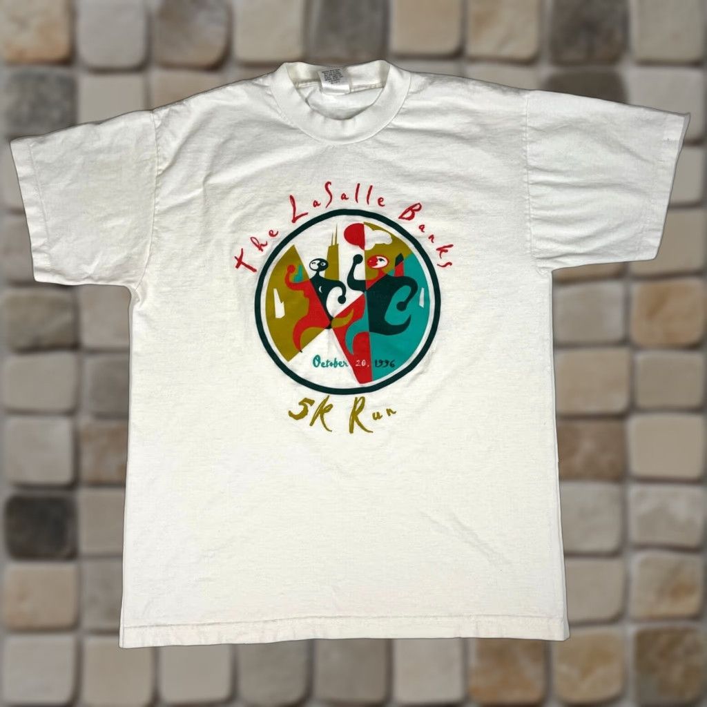 Vintage VINTAGE Murina The LaSalle Banks 5K Run Chicago T-Shirt Mens Adult Large White 1996 90s Sports Graphic Cotton Made in USA Size US L / EU 52-54 / 3 - 1 Thumbnail
