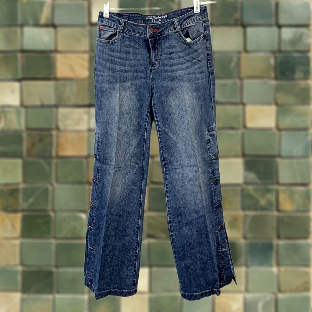 Vintage Peace Love World Women's Size 2 Blue Denim Jeans Wide Leg Button Side Seams Modern Peace Size 26" / US 2 / IT 38 - 1 Thumbnail