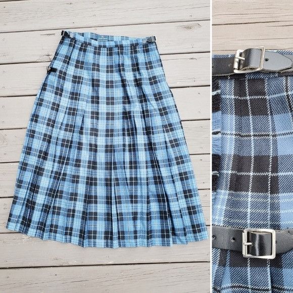 Vintage Lochcarron of Scotland Blue Black Clergy Plaid Wool Kilt Buc Size 32" / US 10 / IT 46 - 1 Thumbnail