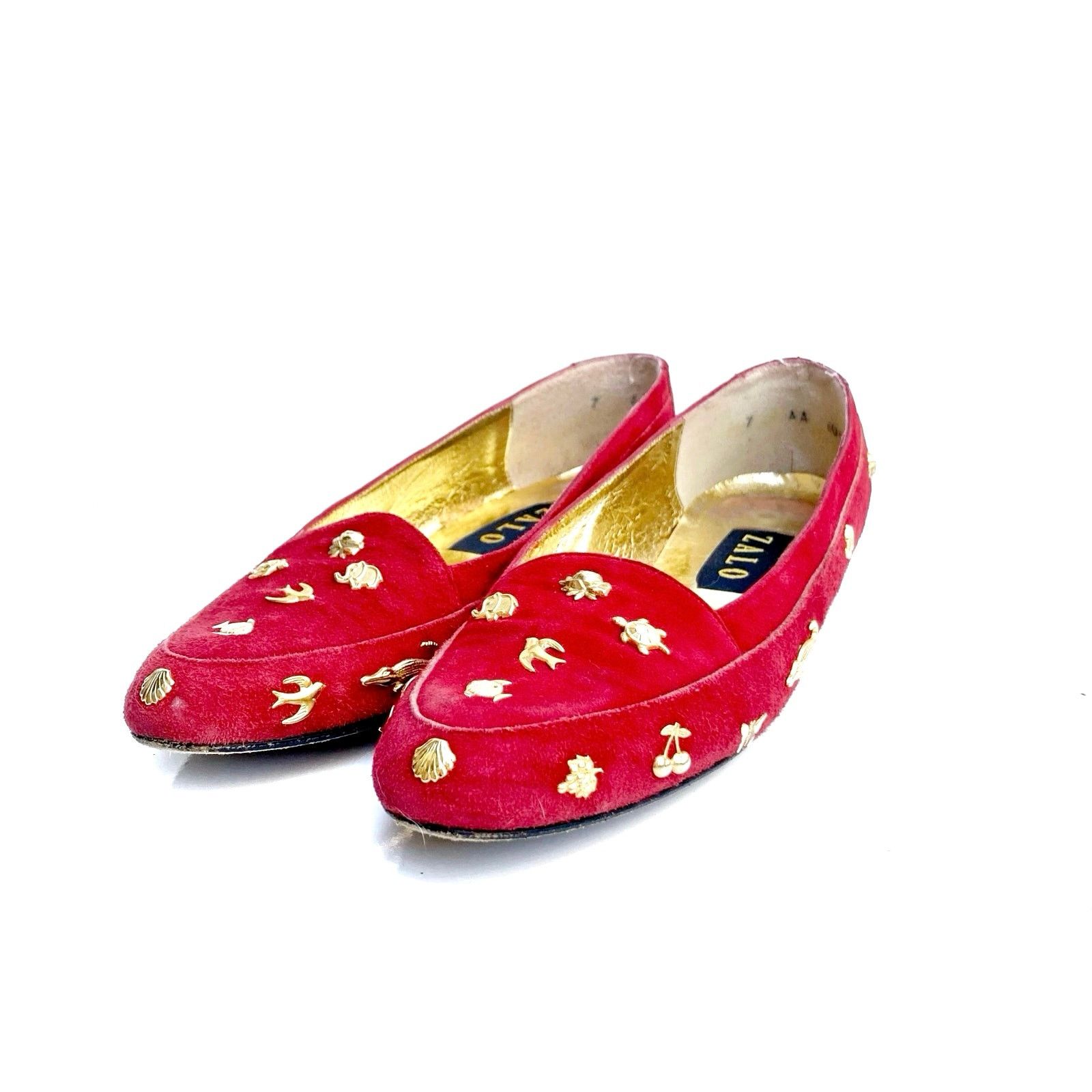 Vintage Vintage Zalo Red Suede Gold Charm Loafers | Handmade Spain Size US 7 / IT 37 - 5 Thumbnail