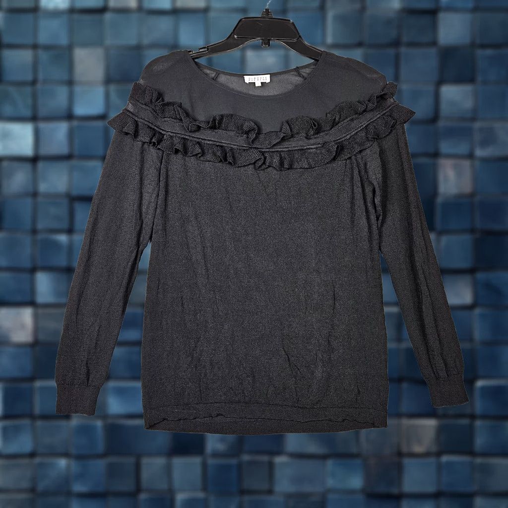 Vintage CLAUDIE PIERLOT Sweater Women’s Black Knit Ruffle Crew Neck Short Sleeve Sz 2 Pullover All Seasons Womens Size XS / US 0-2 / IT 36-38 - 1 Thumbnail