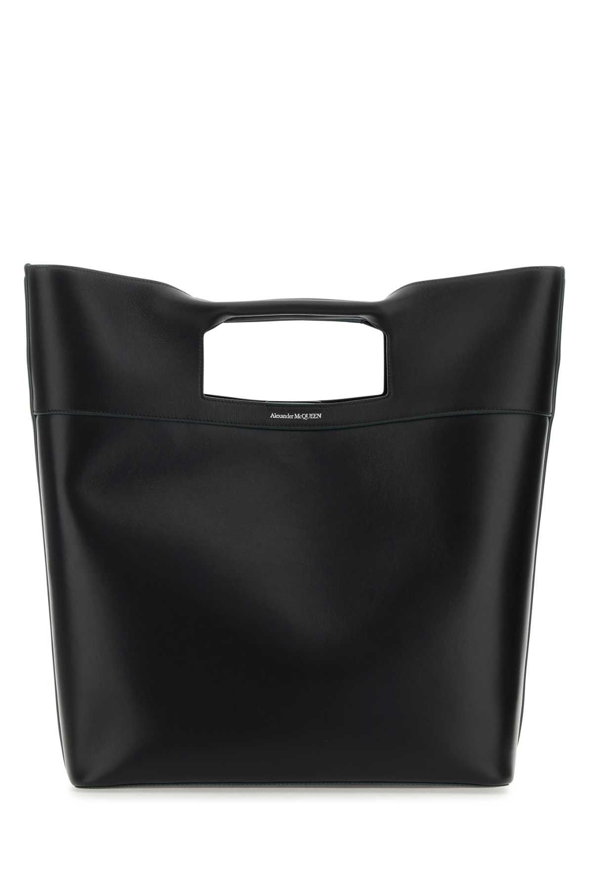 Black Leather The Square Bow Shopping Bag