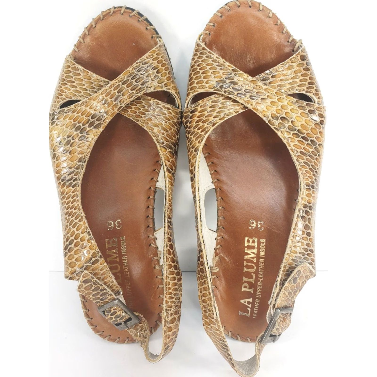 Vintage La Plume Leather Brown Tan Reptile Slingback Heeled Sandals Size 5-5.5M 36EU Women Size US 5.5 / IT 35.5 - 7 Thumbnail
