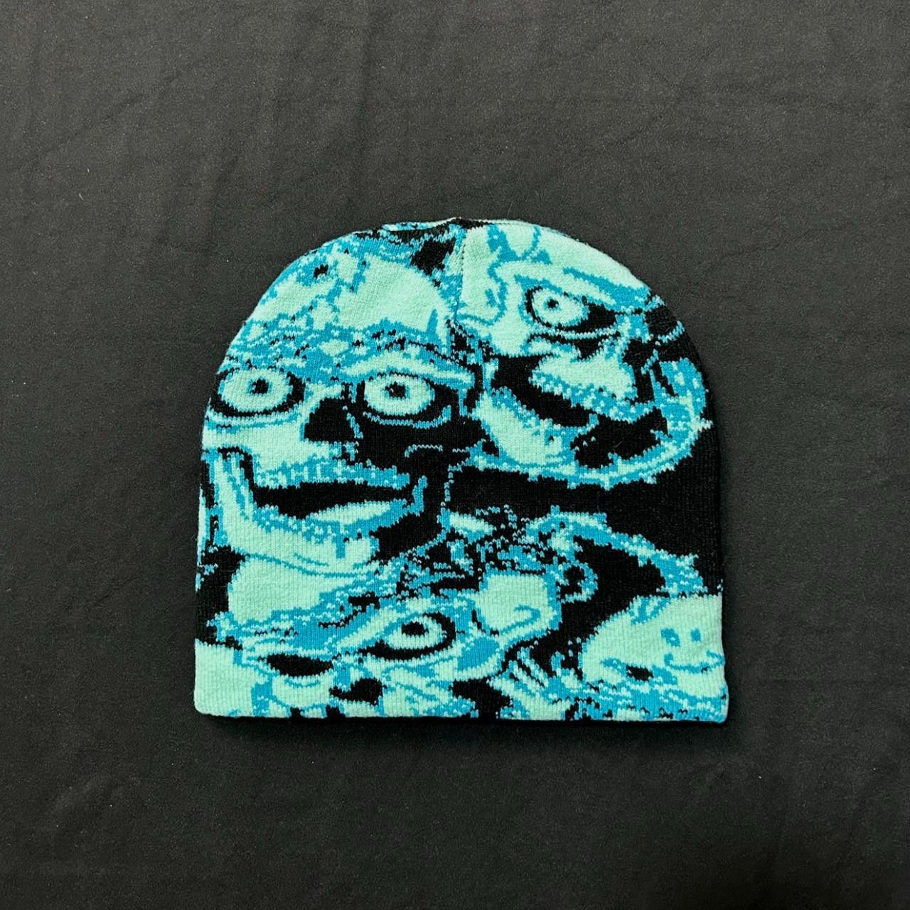 Japanese Brand Repeating Skull Pile Graphic No Cuff Knit Beanie Blue Hat Size ONE SIZE - 1 Thumbnail