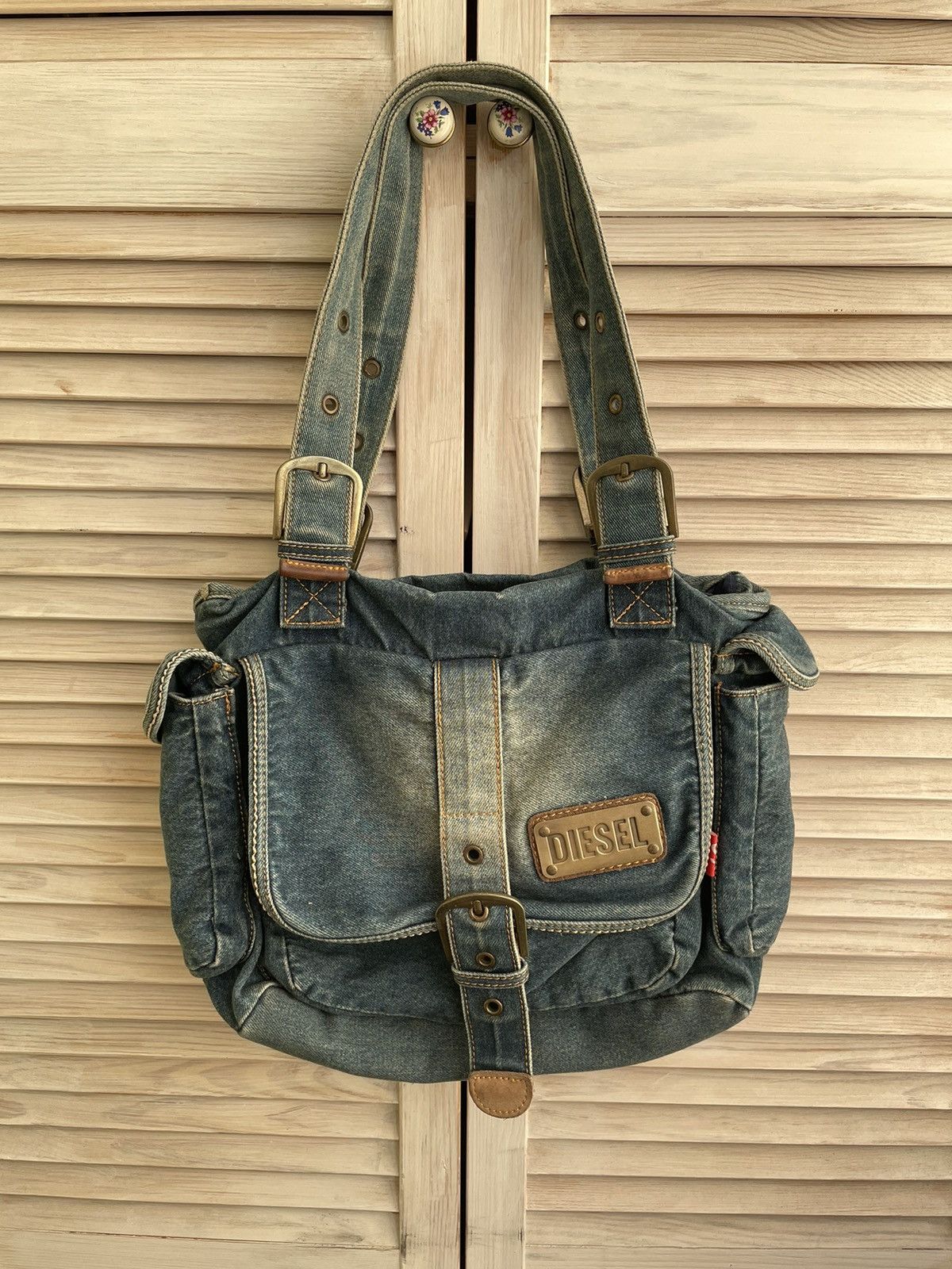 Vintage Diesel Denim Distressed Washed Tote Crossbody Bag in Blue, Men's