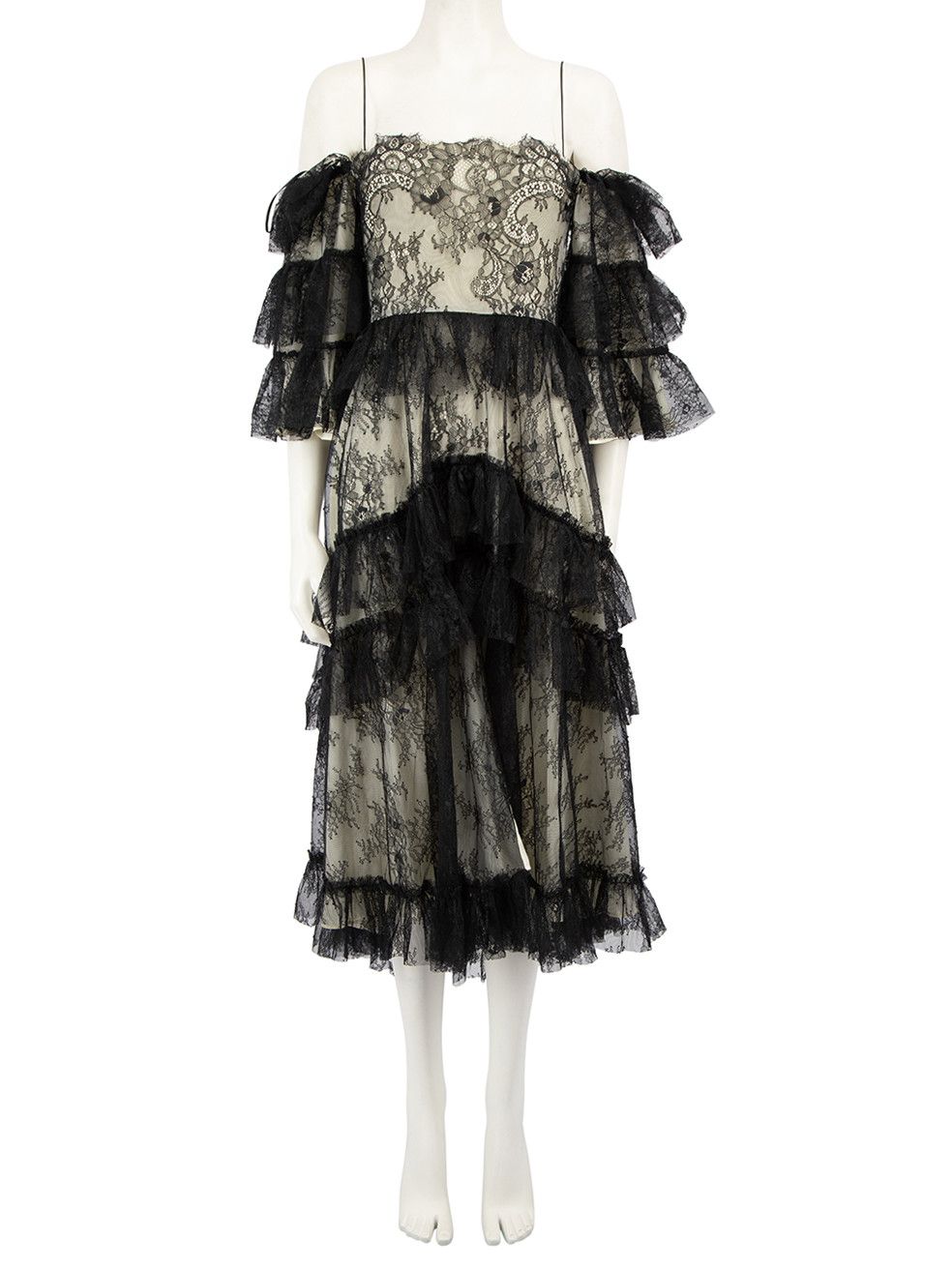 image of Alexa Chung Black Lace Ruffle Midi Dress, Women's (Size Medium)