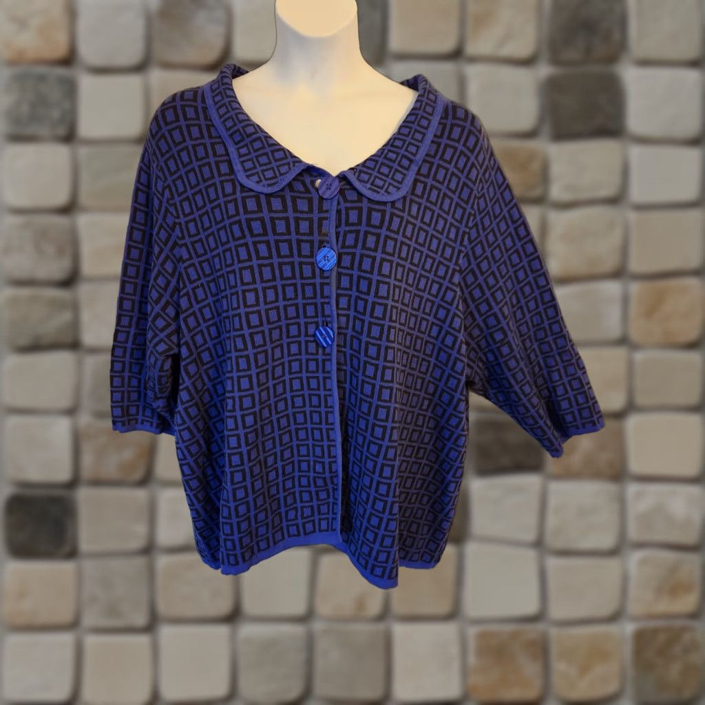 Vintage Liz & Me Platinum Collection Indigo Royal Blue Button Front Cardigan 3X Women Knit 100% Cotton Geometric Button Accents Size XXL / US 16-18 / IT 52-54 - 1 Thumbnail
