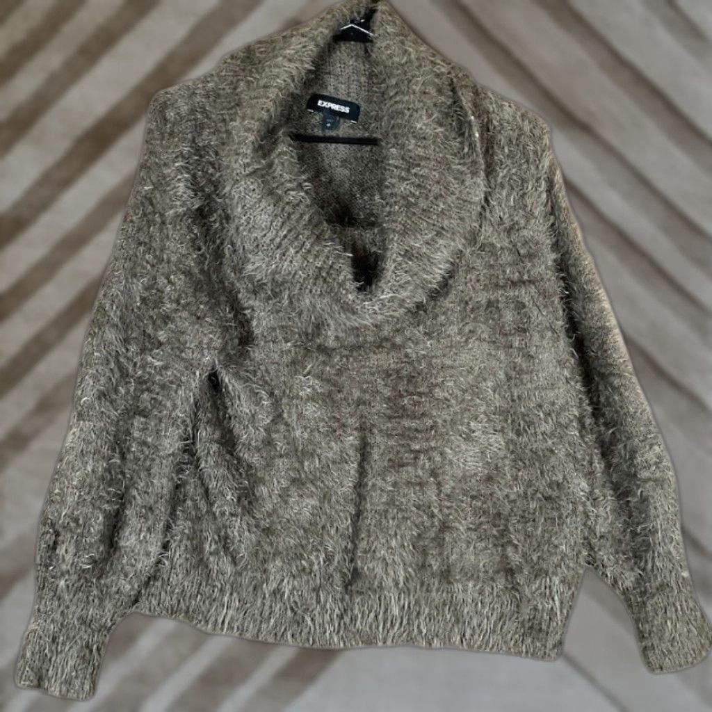 Express Express Sweater Brown Cowl Neck Long Sleeve XS Women's Fluffy Knit Pullover Size XS / US 0-2 / IT 36-38 - 1 Thumbnail