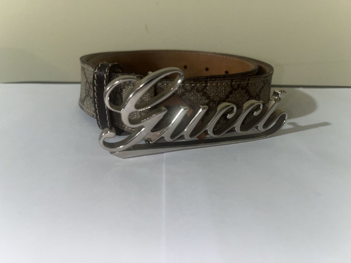 image of Vintage Gucci Cursive Buckle Monogram Belt in Brown Tan, Men's (Size 32)