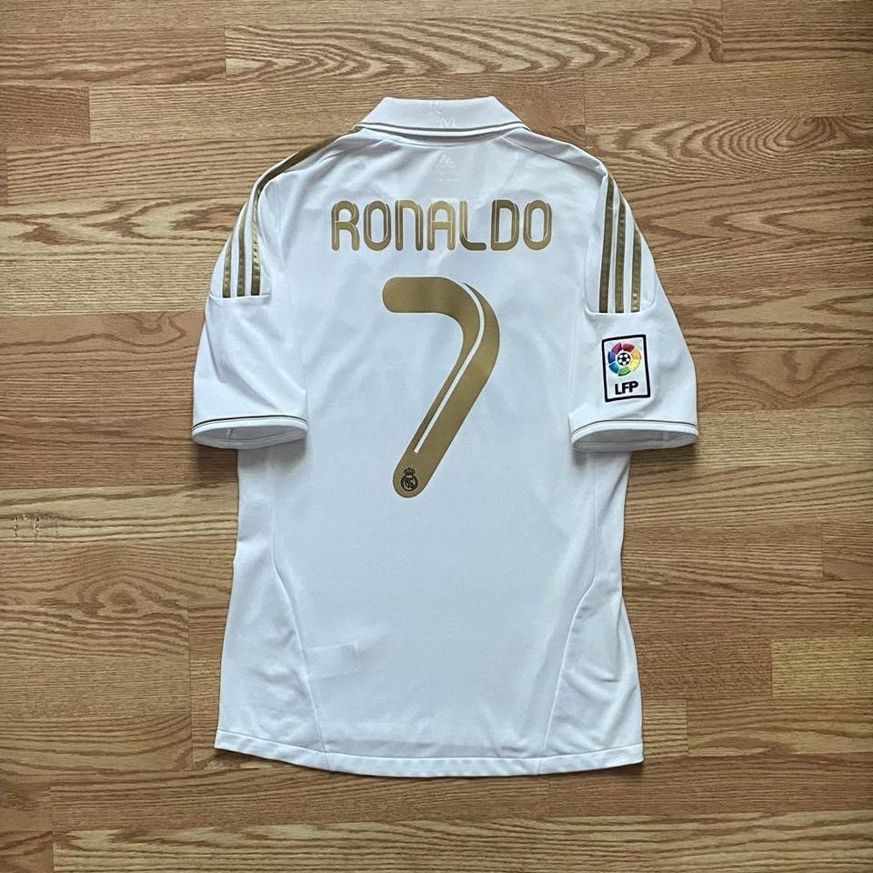 image of Adidas Real Madrid Ronaldo 2011 12 Home La Liga Jersey in White Gold, Men's (Size Small)