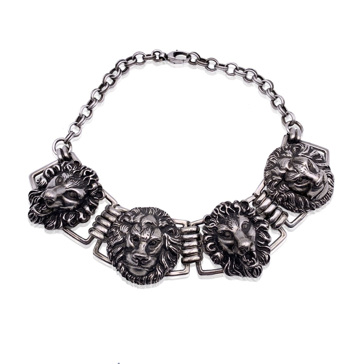 image of Gucci Aged Silver Metal Lion Head Choker Statement Necklace, Women's