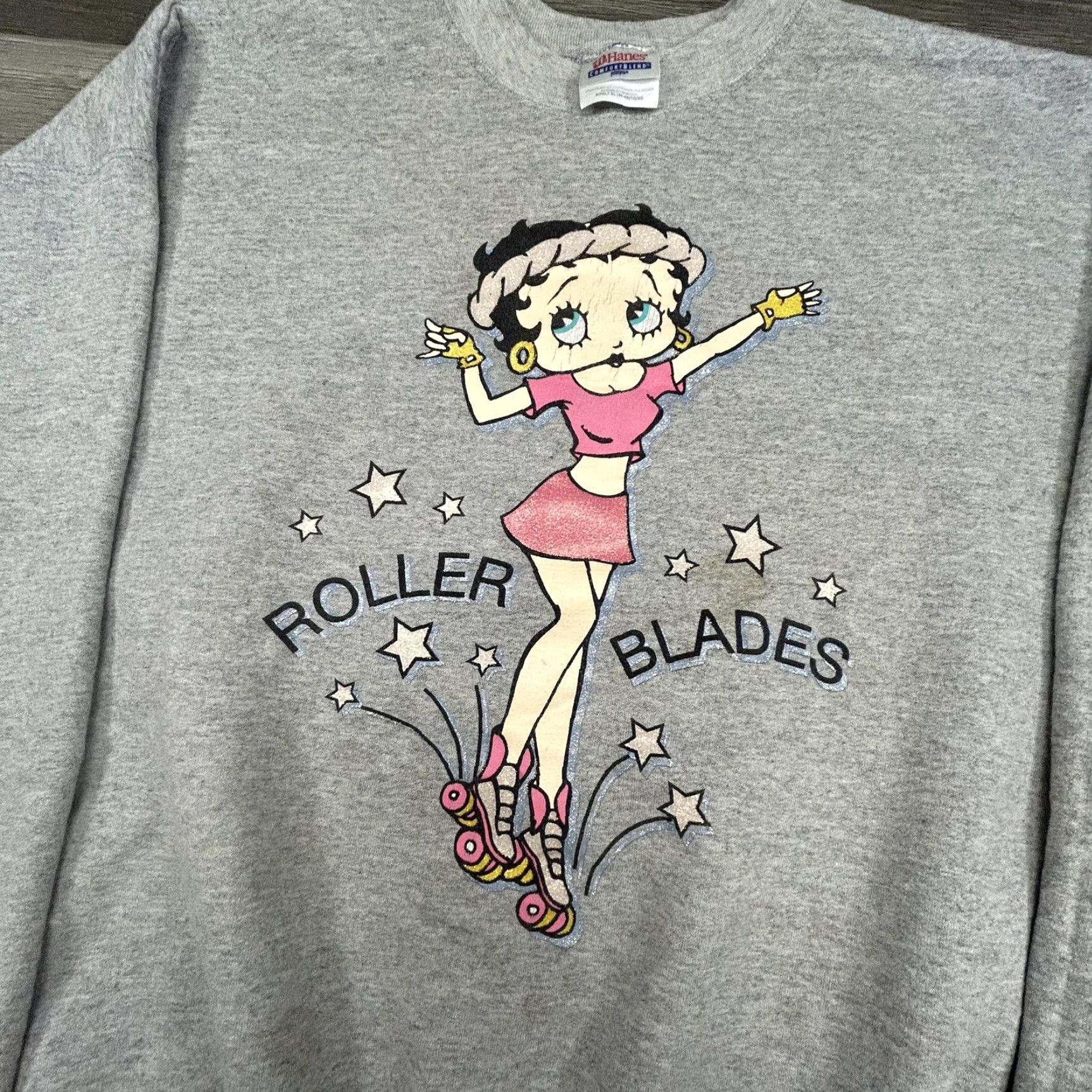 Hanes Vintage Betty Boop Roller Blades Sweatshirt Men XL Gray Glitter Graphic 90s Hanes Crew Neck Pullover Fleece Cotton Blend Size US XL / EU 56 / 4 - 5 Thumbnail