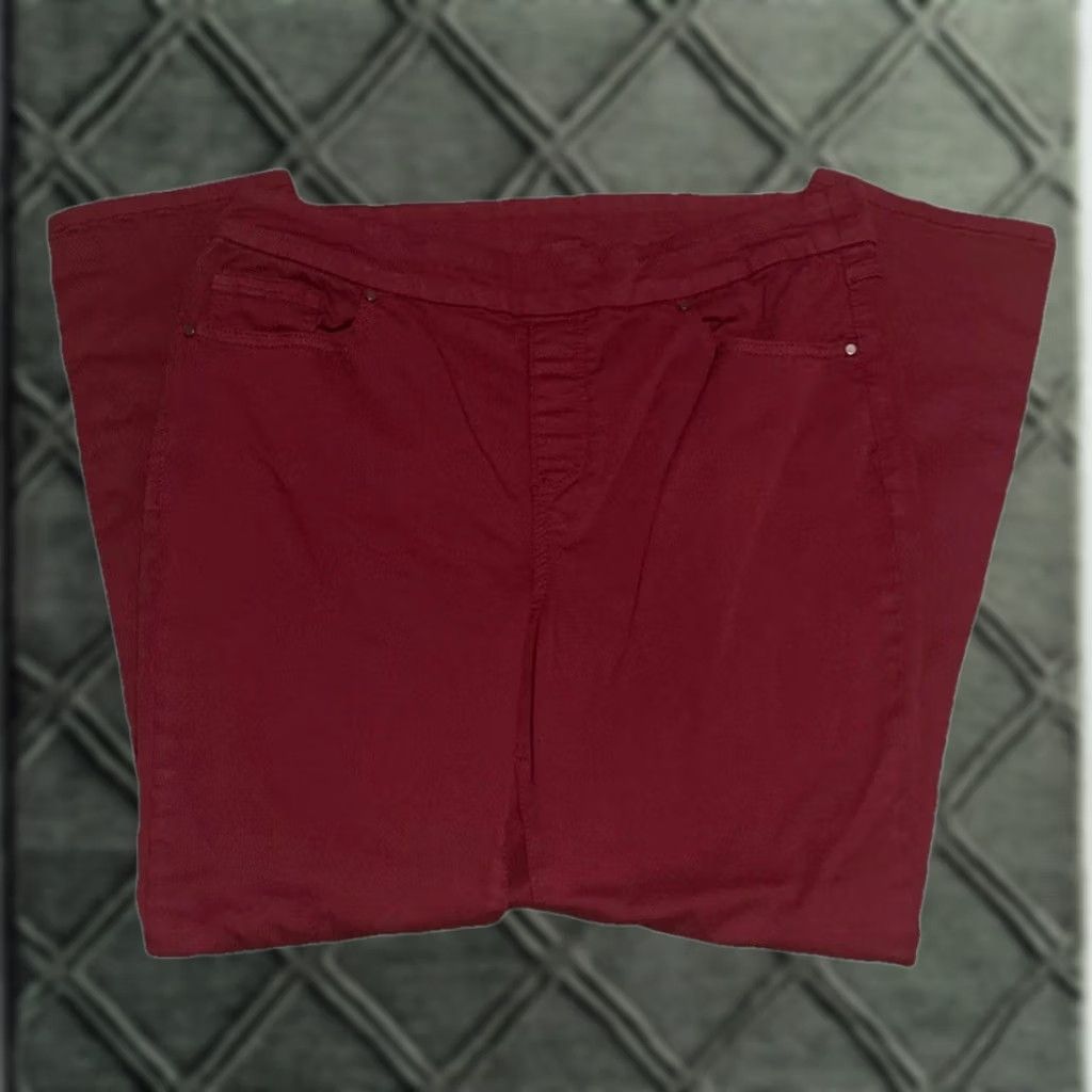 Vintage Tribal Pants Women 12 Burgundy Red Stretch Pull On Ankle Studded Pockets Elastic Waist 27.5" Inseam Straight Casual Modern Size 34" / US 12 / IT 48 - 1 Thumbnail