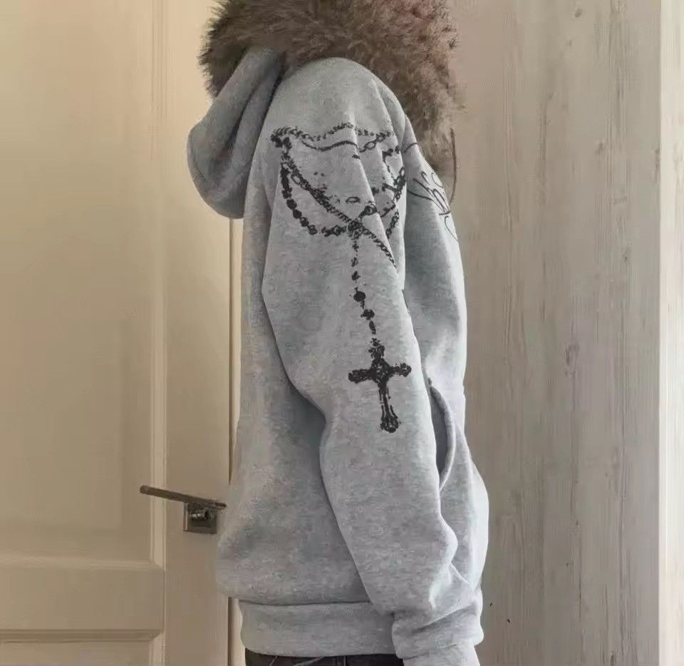 Other Faux Fur Hooded Jacket With Cross Print Trendy Edgy Size US L / EU 52-54 / 3 - 5 Thumbnail