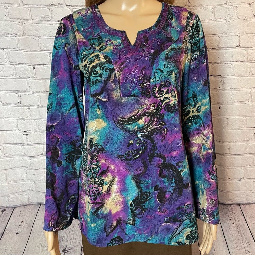 Chicos New Chico's Purple Blue Paisley Sequins Long Sleeve Tunic S Size S / US 4 / IT 40 - 2 Thumbnail