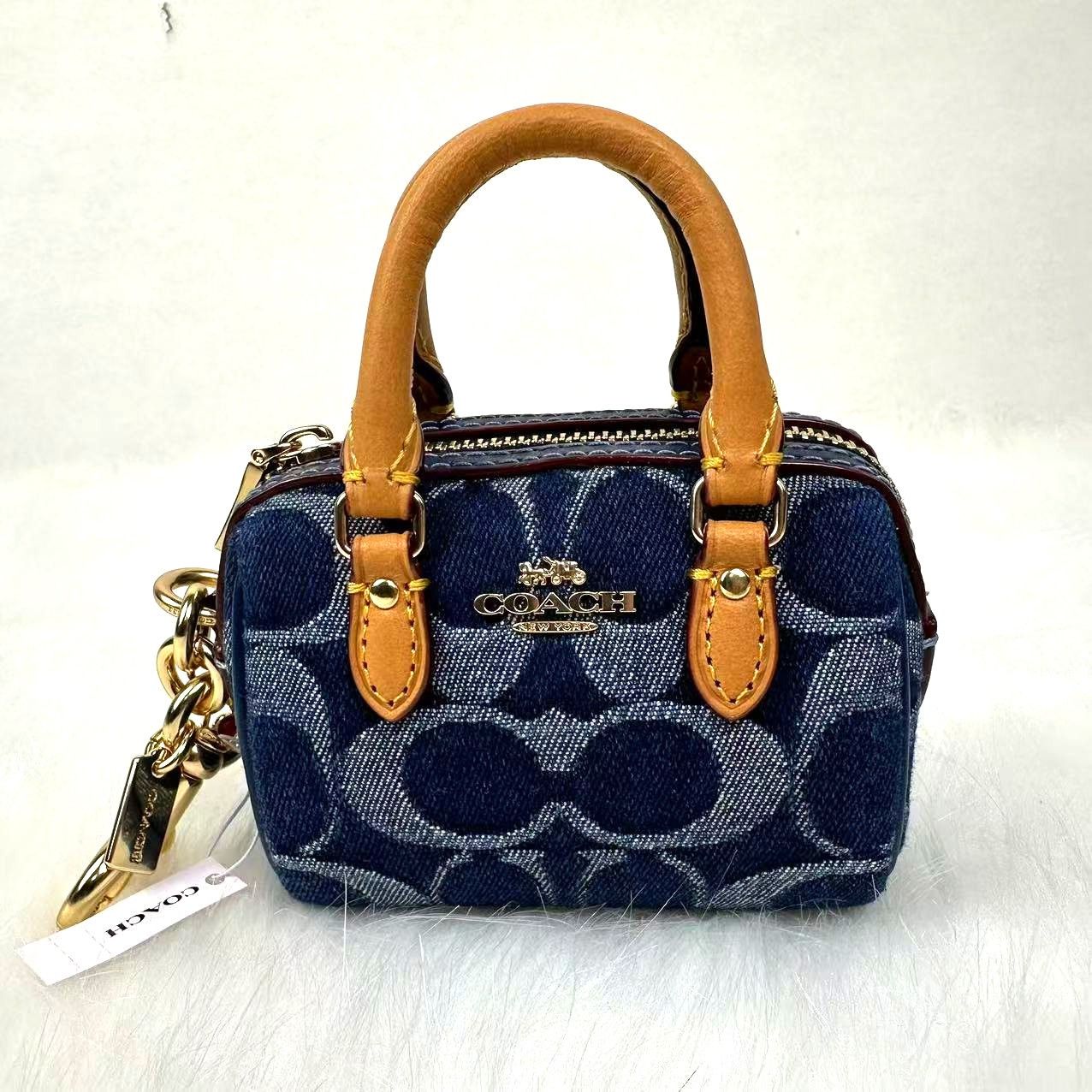 Coach Cz083 Mini Rowan Bag Charm In Signature Denim Natural in Blue, Women's