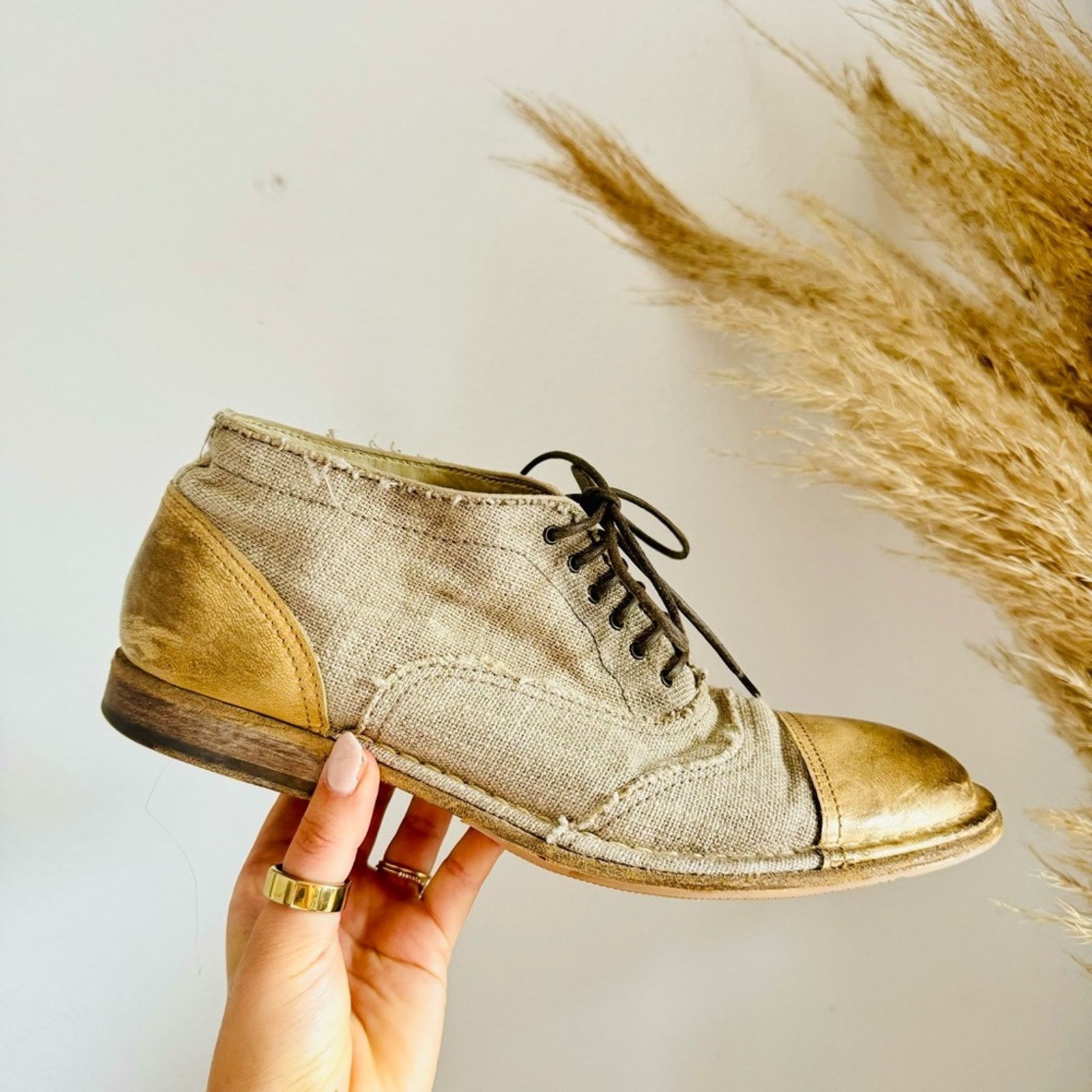 DOLCE GABBANA Beige Tan Distress Leather Canvas Oxfords Shoe