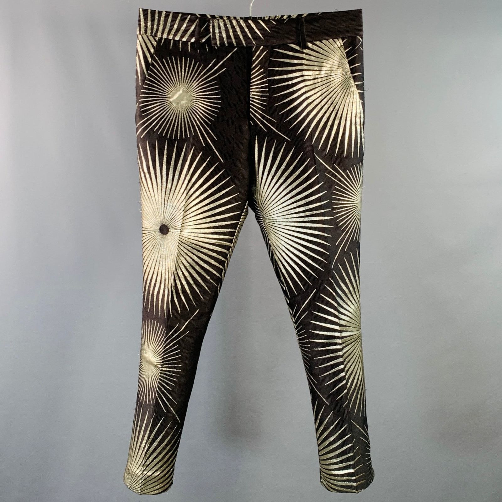 Black Gold Jacquard Silk Sunburst Cropped Casual Pants