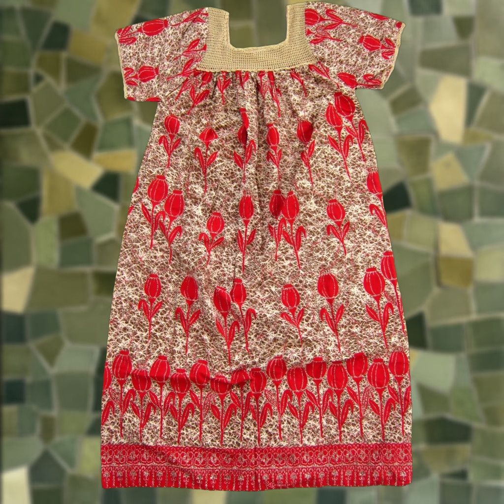 Vintage VTG Handmade Red Brown Floral Cotton Crochet Short Sleeve Maxi Kaftan Dress M Size 32" / US 10 / IT 46 - 1 Thumbnail