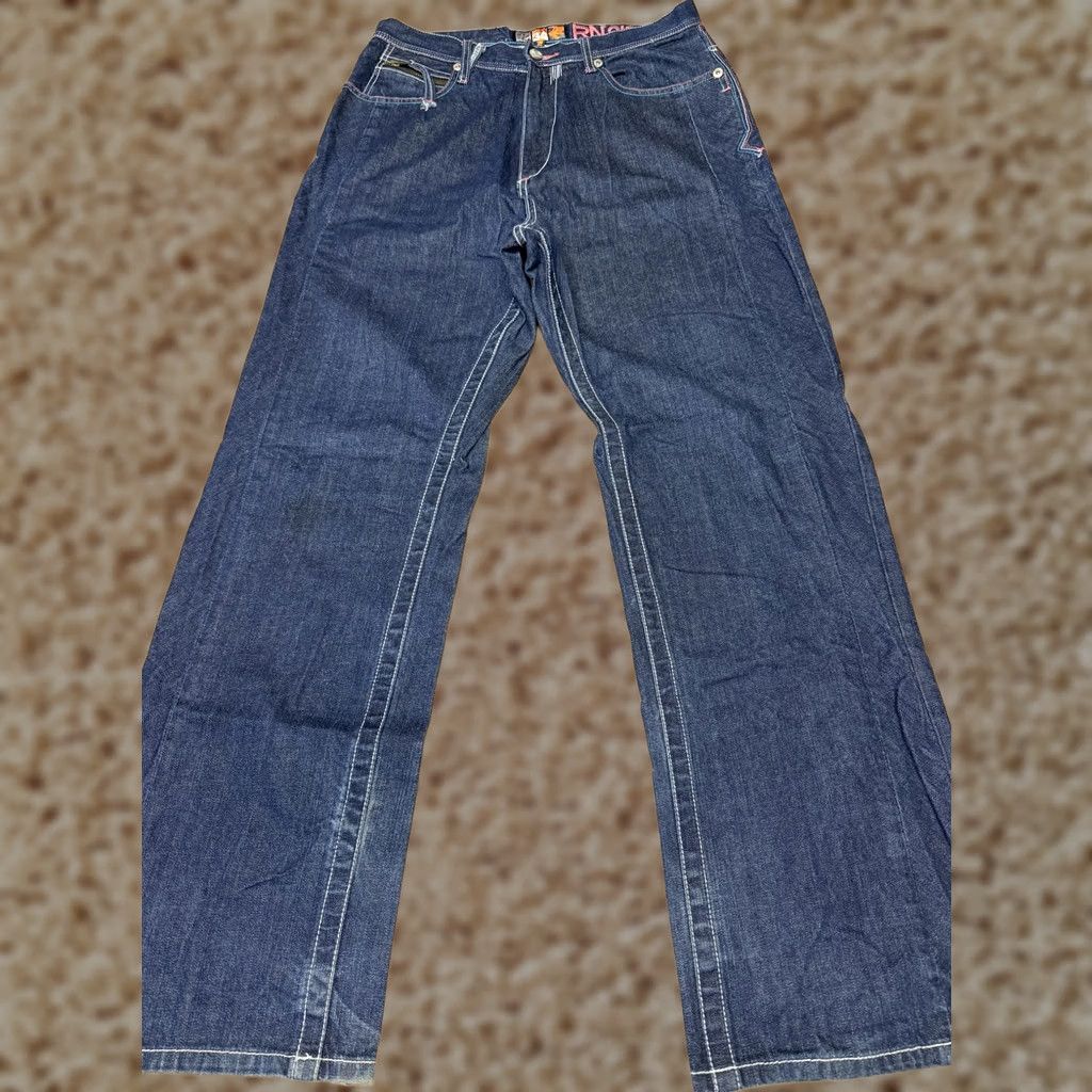 Akademiks Akademiks Jeans Mens 34x32 Blue Relaxed Wide-Leg Denim Tropical Flamingo Mens Size US 34 / EU 50 - 1 Thumbnail