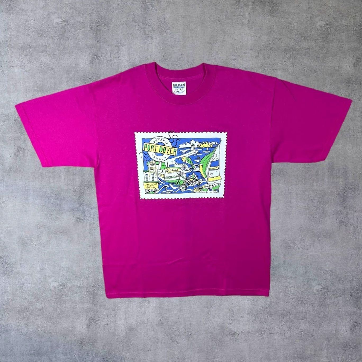 Gildan VINTAGE Port Dover Stamp Canada Souvenir Graphic Pink Cotton T-Shirt Large Mens Shirt Graphic Print 90s Style Size US L / EU 52-54 / 3 - 2 Thumbnail