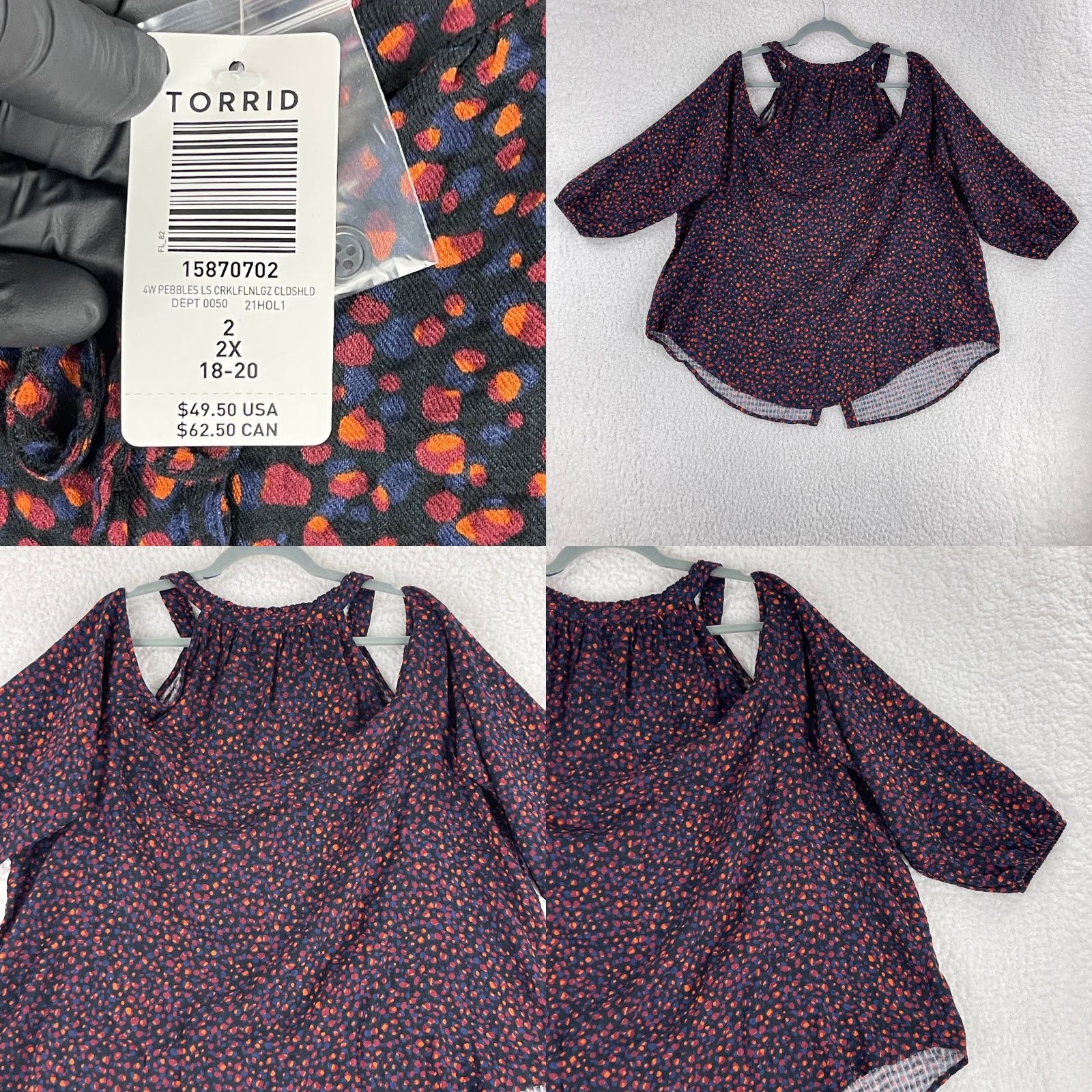 Torrid Torrid Blouse Shirt Womens Plus 2X Black Mini Dot Crinkle Gauze Cold Shoulder Tie-Front Top Size XXL / US 16-18 / IT 52-54 - 9 Thumbnail