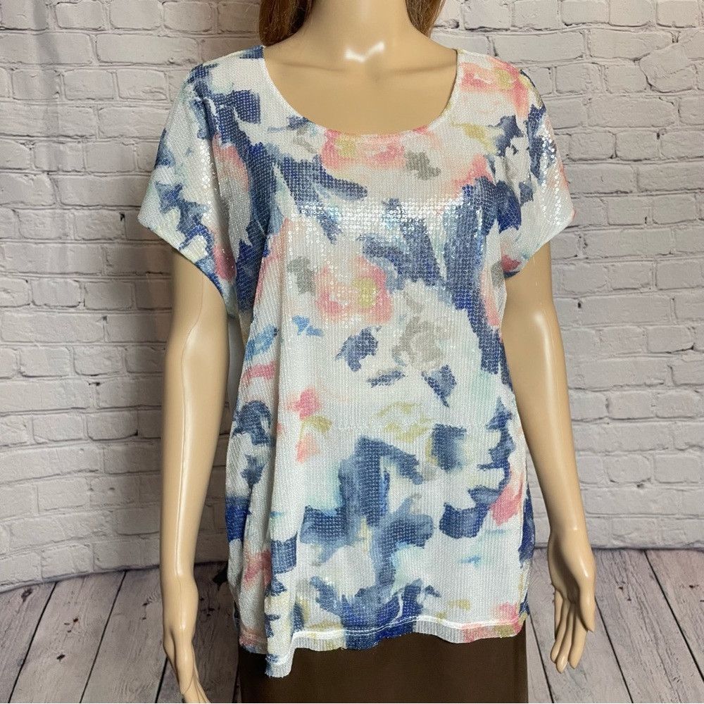 Chicos Chico's Watercolor Sequins Front Top T-Shirt Size 2 US L Size L / US 10 / IT 46 - 9 Thumbnail