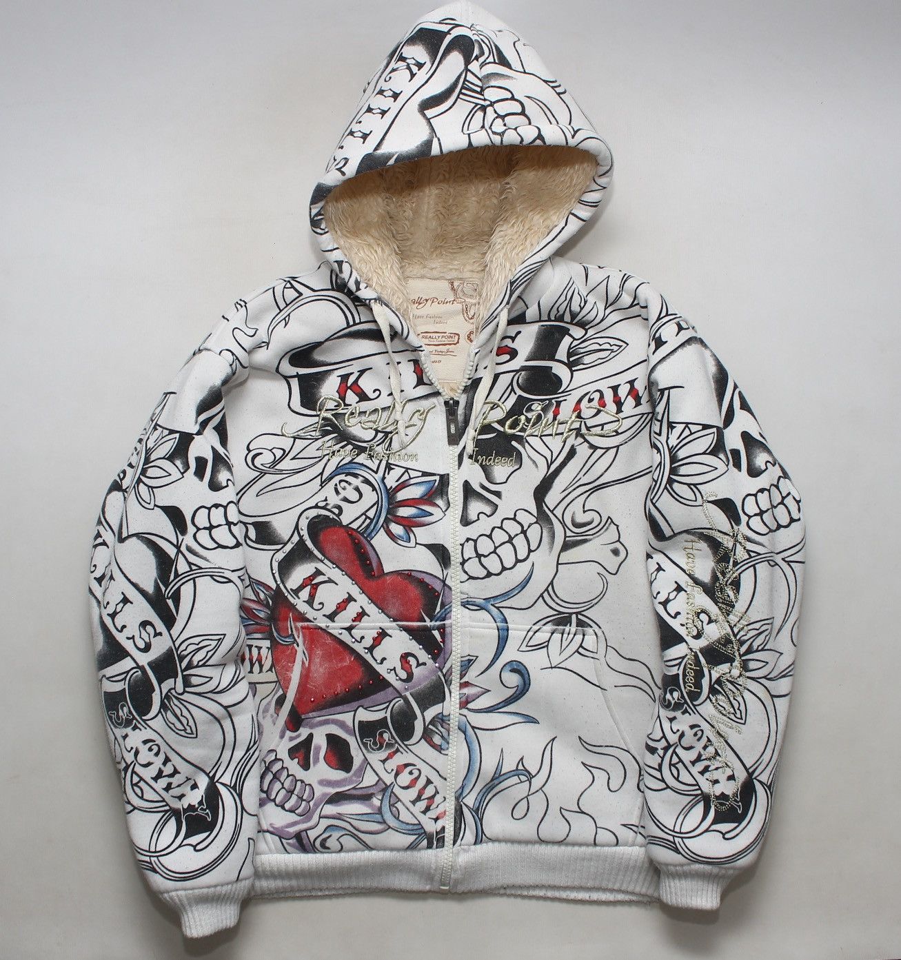 Pre-owned Christian Audigier X Ed Hardy Vintage Really Point Ed Hardy Like Faux Fur Zip Up Hoodie In White