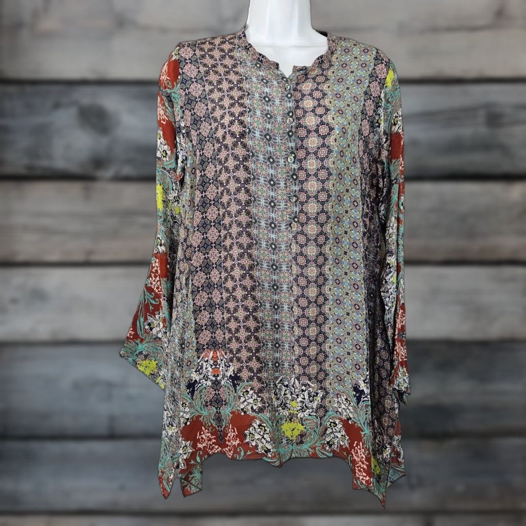Johnny Was VINTAGE Johnny Was Womens Tunic XS Red Blue Floral Long Sleeve Cupra Rayon Blouse Womens XS Floral 90s Size XS / US 0-2 / IT 36-38 - 1 Thumbnail